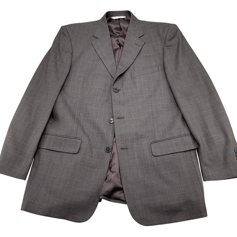 Linea Uomo‎ Blazer Men 42L Brown Blue Check Plaid Wool Woven Classic Jacket VTG